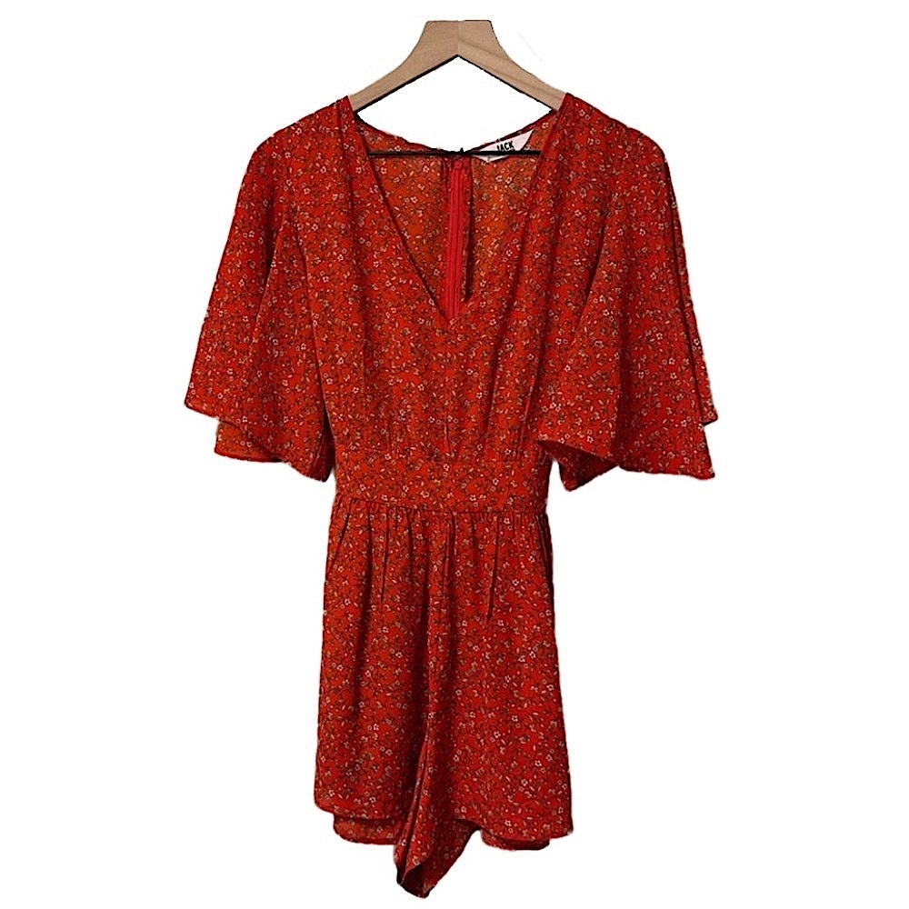 Jack by BB Dakota Women Red Floral V-Neck Flowy Sleeve Romper Size 4 Cottagecore
